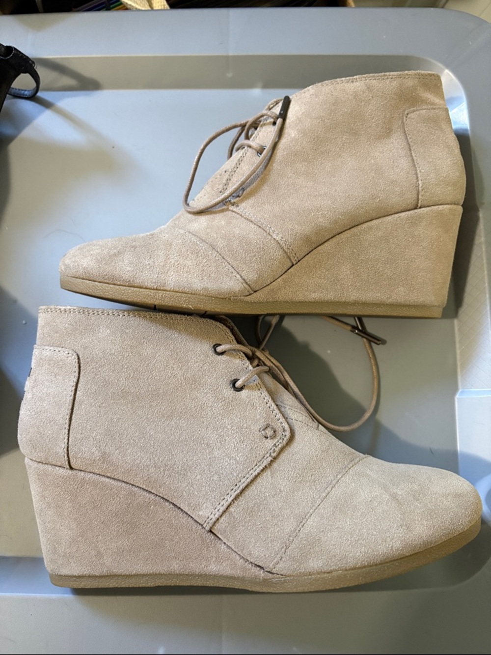 Toms Beige Suede Lace-Up Wedge Booties